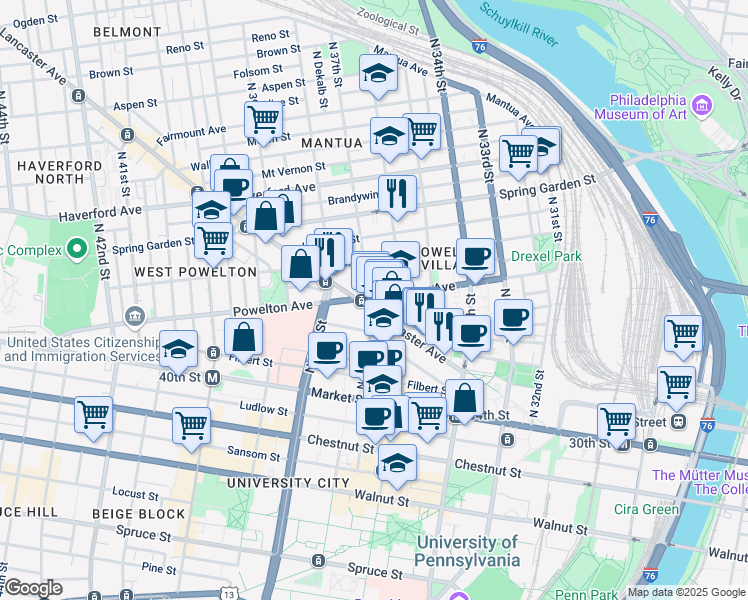 map of restaurants, bars, coffee shops, grocery stores, and more near 3630 Powelton Avenue in Philadelphia