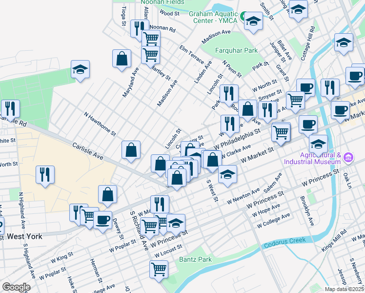 map of restaurants, bars, coffee shops, grocery stores, and more near 630 Company Street in York