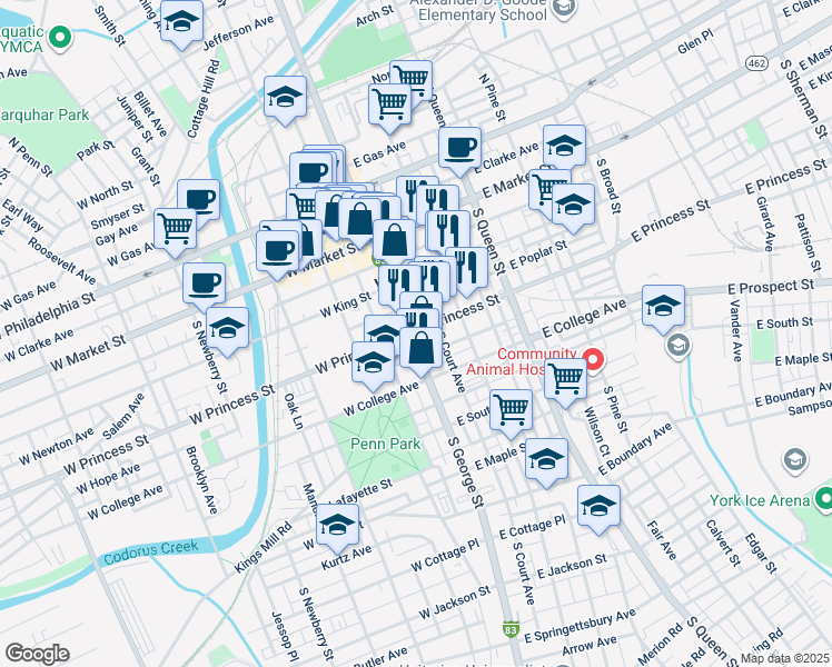 map of restaurants, bars, coffee shops, grocery stores, and more near in York