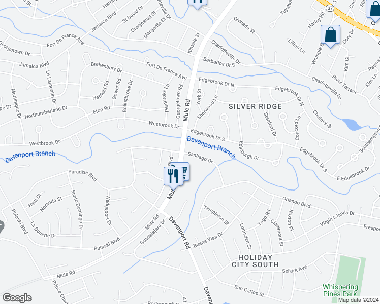 map of restaurants, bars, coffee shops, grocery stores, and more near 104 Santiago Drive in Toms River