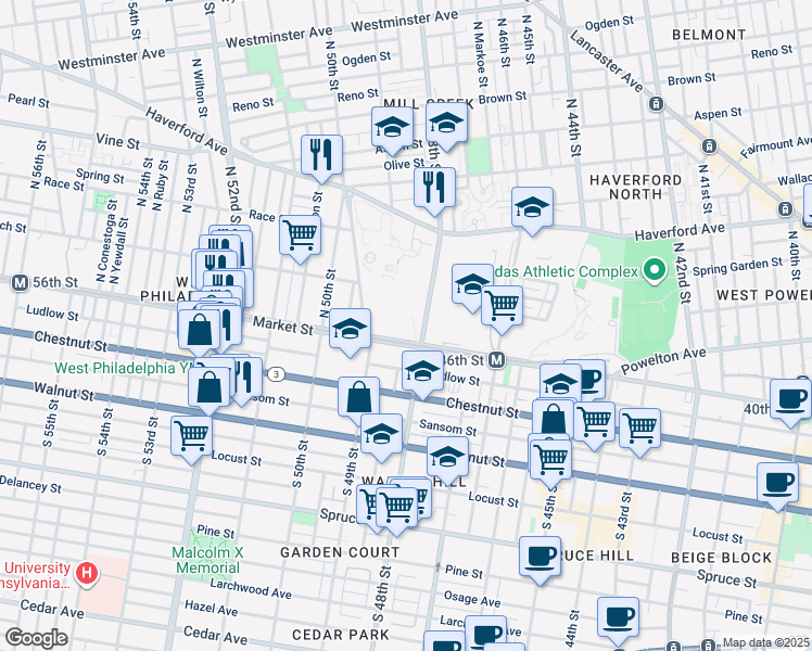 map of restaurants, bars, coffee shops, grocery stores, and more near 4865 Market Street in Philadelphia