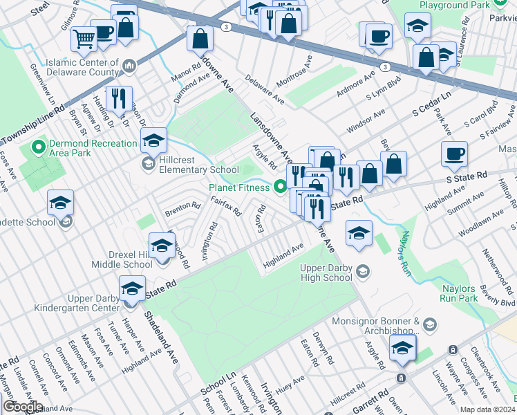 map of restaurants, bars, coffee shops, grocery stores, and more near 869 Windermere Avenue in Drexel Hill