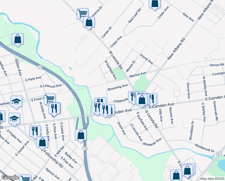 map of restaurants, bars, coffee shops, grocery stores, and more near 52 Browning Avenue in Moorestown