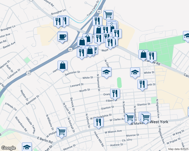 map of restaurants, bars, coffee shops, grocery stores, and more near 1906 Bannister Street in York