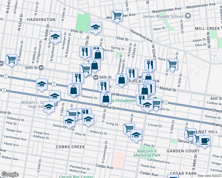 map of restaurants, bars, coffee shops, grocery stores, and more near 5429 Chestnut Street in Philadelphia