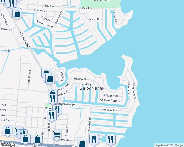 map of restaurants, bars, coffee shops, grocery stores, and more near 3216 Windsor Avenue in Toms River