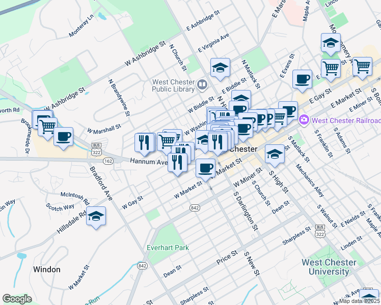 map of restaurants, bars, coffee shops, grocery stores, and more near 130 North New Street in West Chester