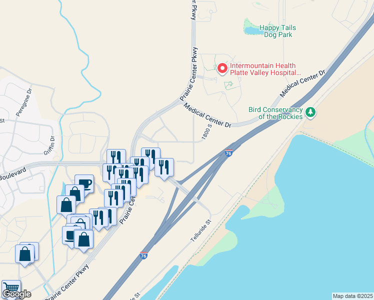 map of restaurants, bars, coffee shops, grocery stores, and more near 1950 Prairie Center Parkway in Brighton