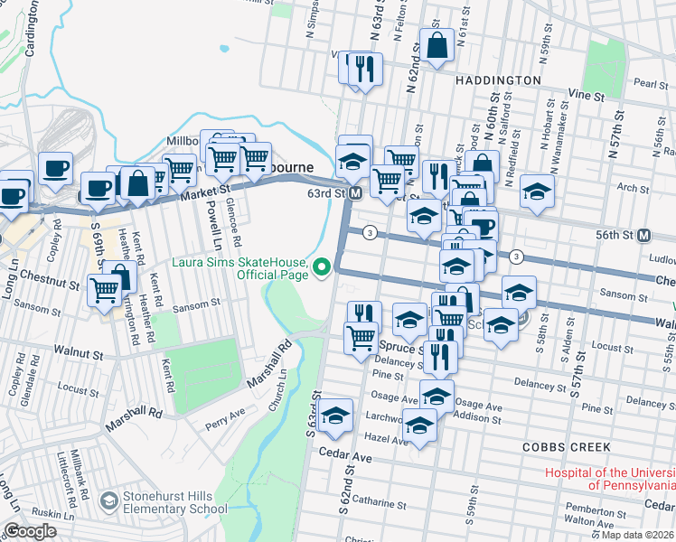map of restaurants, bars, coffee shops, grocery stores, and more near 9831 Walnut Street in Philadelphia