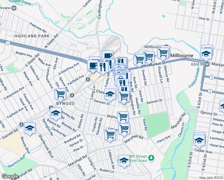 map of restaurants, bars, coffee shops, grocery stores, and more near 46 Hampden Road in Upper Darby