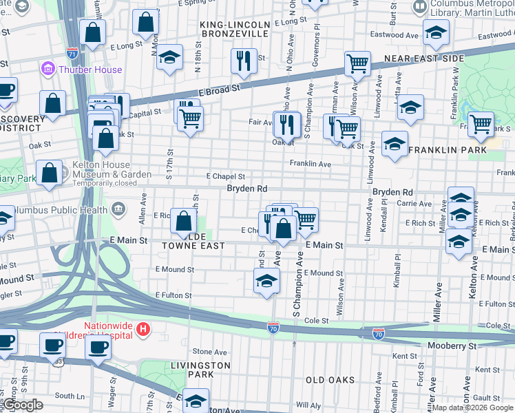 map of restaurants, bars, coffee shops, grocery stores, and more near 254 South 21st Street in Columbus