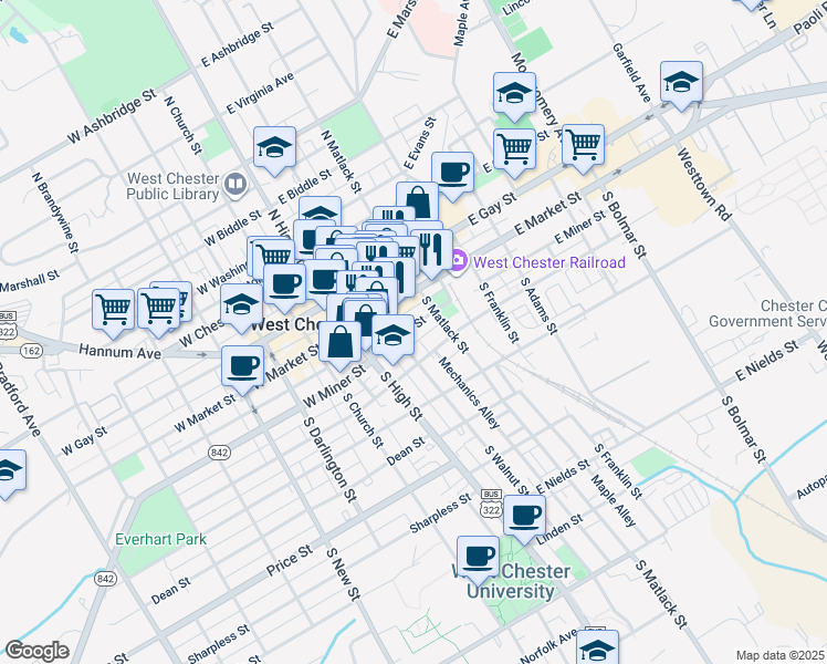 map of restaurants, bars, coffee shops, grocery stores, and more near 114 East Miner Street in West Chester