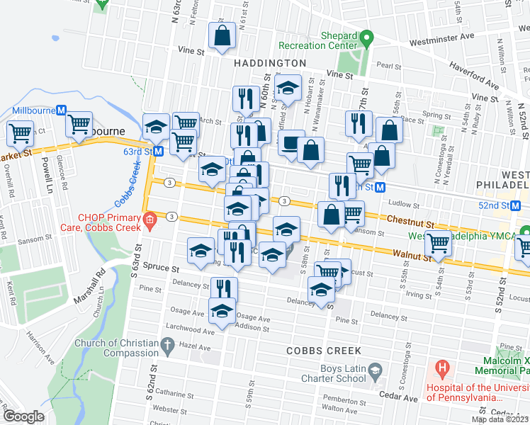 map of restaurants, bars, coffee shops, grocery stores, and more near 126 South Redfield Street in Philadelphia