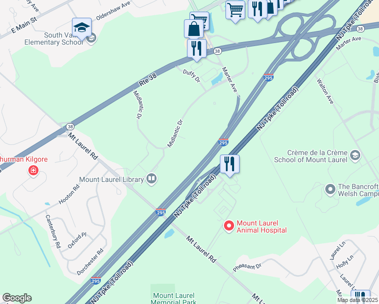 map of restaurants, bars, coffee shops, grocery stores, and more near 10000 Midlantic Drive in Mount Laurel