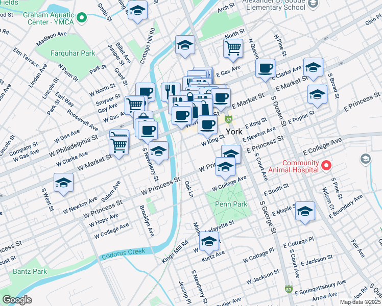 map of restaurants, bars, coffee shops, grocery stores, and more near 107 South Pershing Avenue in York