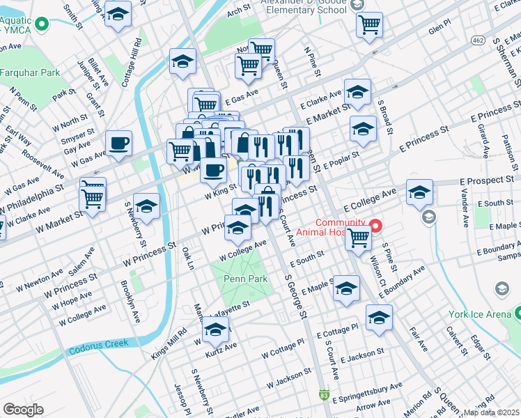 map of restaurants, bars, coffee shops, grocery stores, and more near E Princess St & W Princess St in York