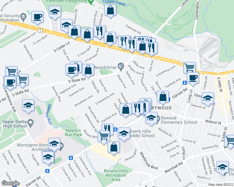 map of restaurants, bars, coffee shops, grocery stores, and more near 1101 South Keystone Avenue in Delaware County