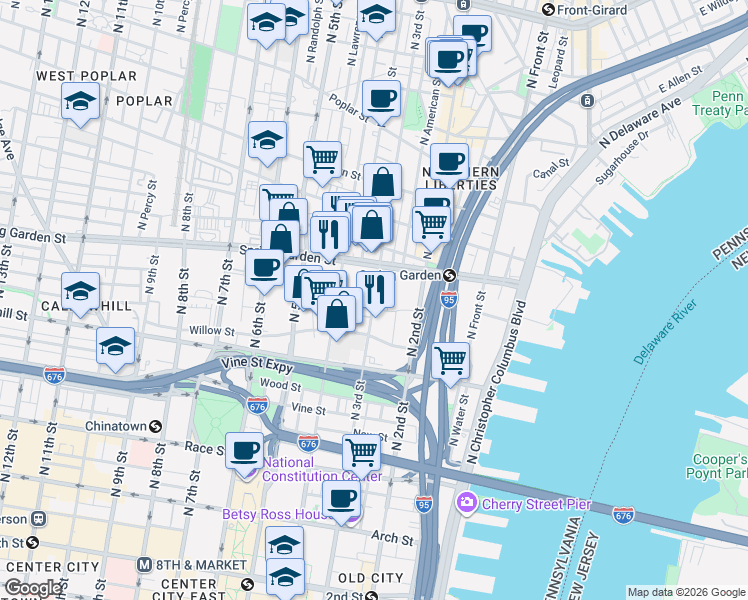map of restaurants, bars, coffee shops, grocery stores, and more near 486 N 3rd St in Philadelphia