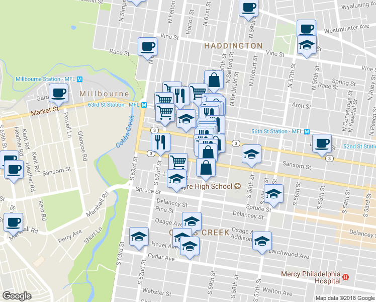 map of restaurants, bars, coffee shops, grocery stores, and more near 135 South 61st Street in Philadelphia