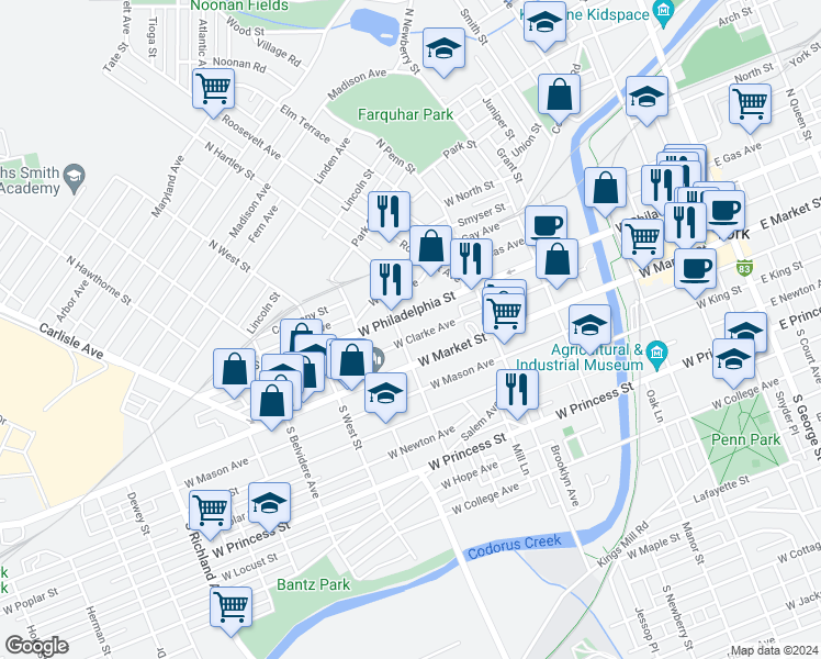 map of restaurants, bars, coffee shops, grocery stores, and more near 472 West Philadelphia Street in York