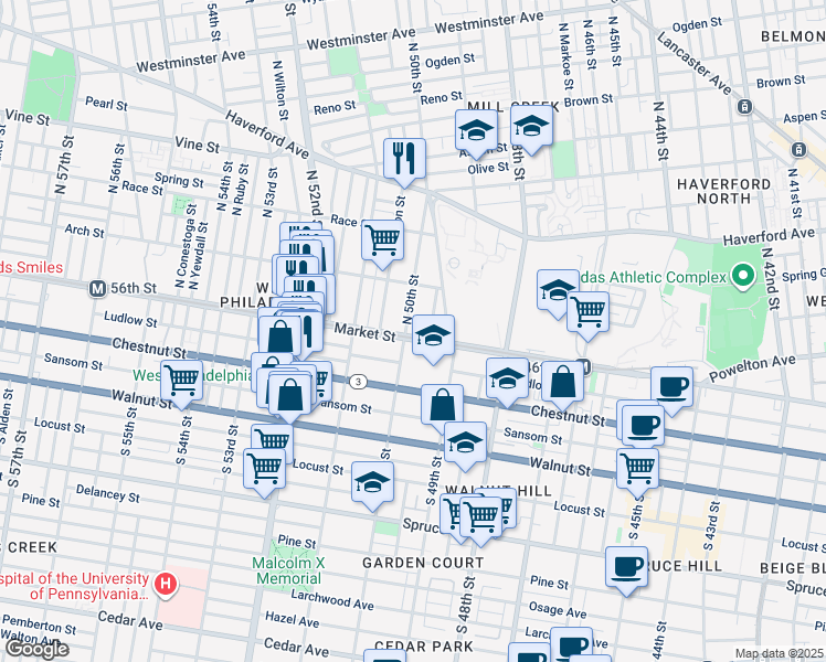 map of restaurants, bars, coffee shops, grocery stores, and more near 3 North 50th Street in Philadelphia