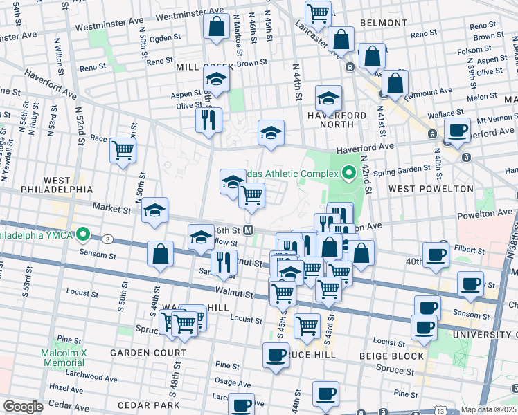 map of restaurants, bars, coffee shops, grocery stores, and more near 45 North 46th Street in Philadelphia