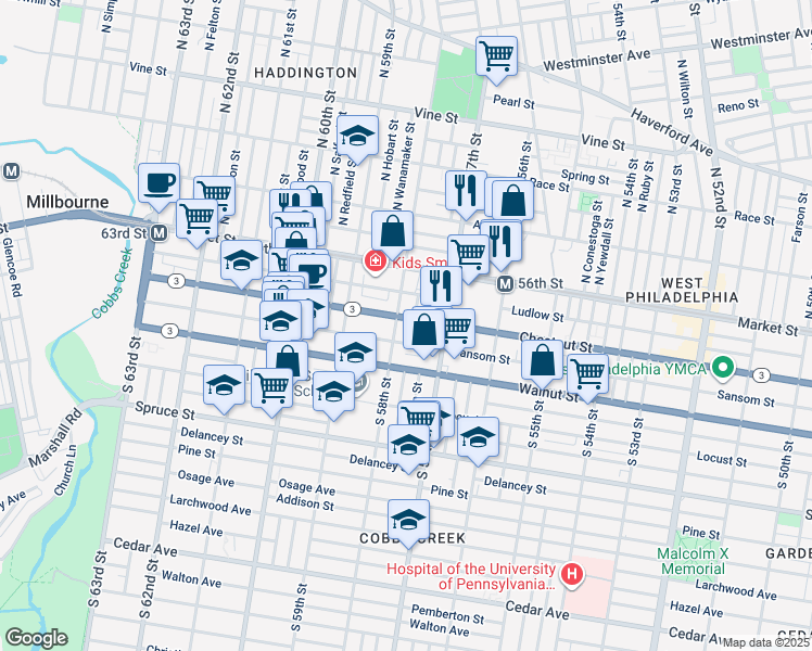 map of restaurants, bars, coffee shops, grocery stores, and more near 5738 Chestnut Street in Philadelphia