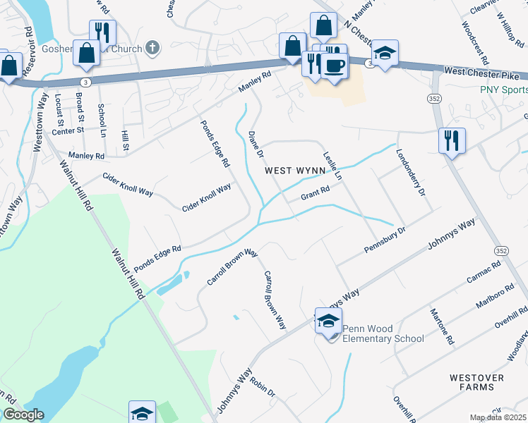 map of restaurants, bars, coffee shops, grocery stores, and more near 1430 Ponds Edge Road in West Chester