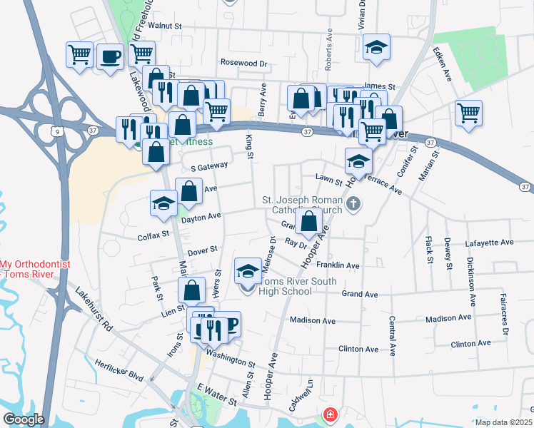 map of restaurants, bars, coffee shops, grocery stores, and more near 76 Dayton Avenue in Toms River