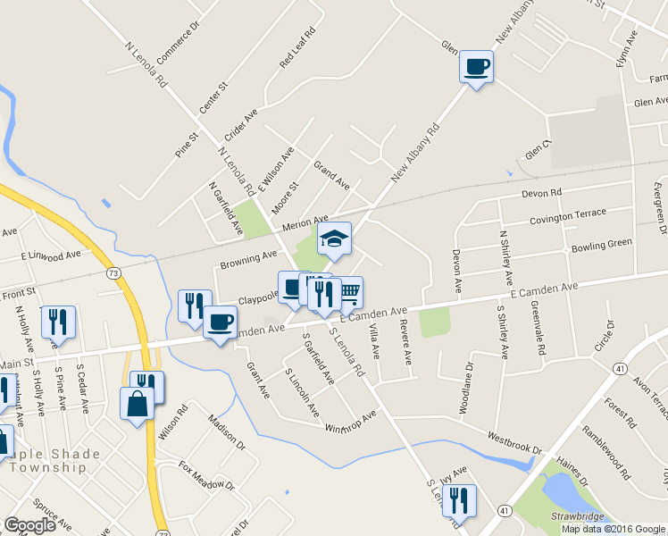 map of restaurants, bars, coffee shops, grocery stores, and more near 32 New Albany Rd in Moorestown