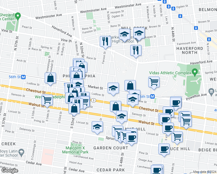map of restaurants, bars, coffee shops, grocery stores, and more near 13 North 50th Street in Philadelphia