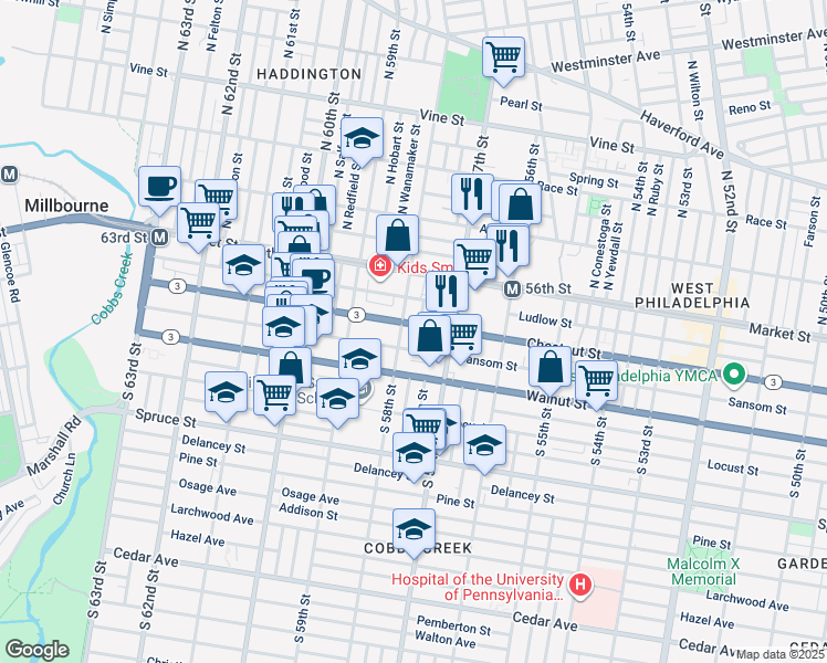 map of restaurants, bars, coffee shops, grocery stores, and more near 5755 Chestnut Street in Philadelphia