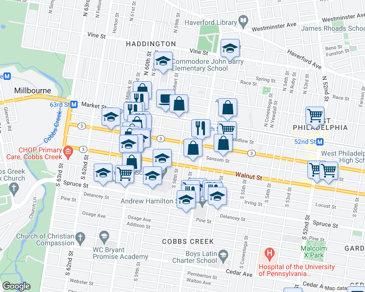 map of restaurants, bars, coffee shops, grocery stores, and more near 5755 Chestnut Street in Philadelphia