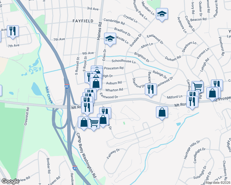 map of restaurants, bars, coffee shops, grocery stores, and more near 2445 Wharton Road in East York