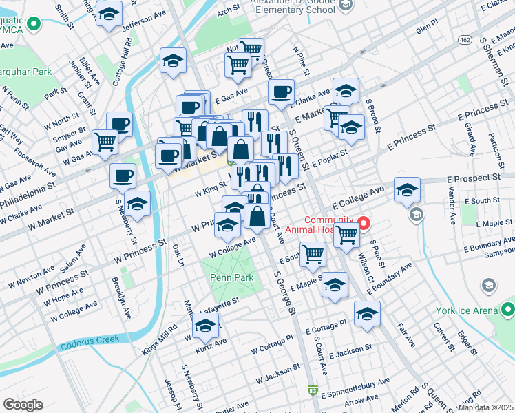map of restaurants, bars, coffee shops, grocery stores, and more near in York