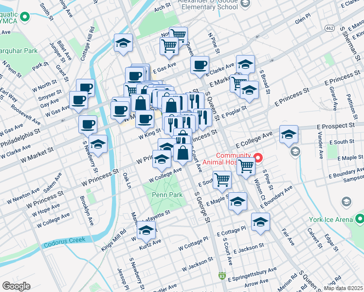 map of restaurants, bars, coffee shops, grocery stores, and more near in York