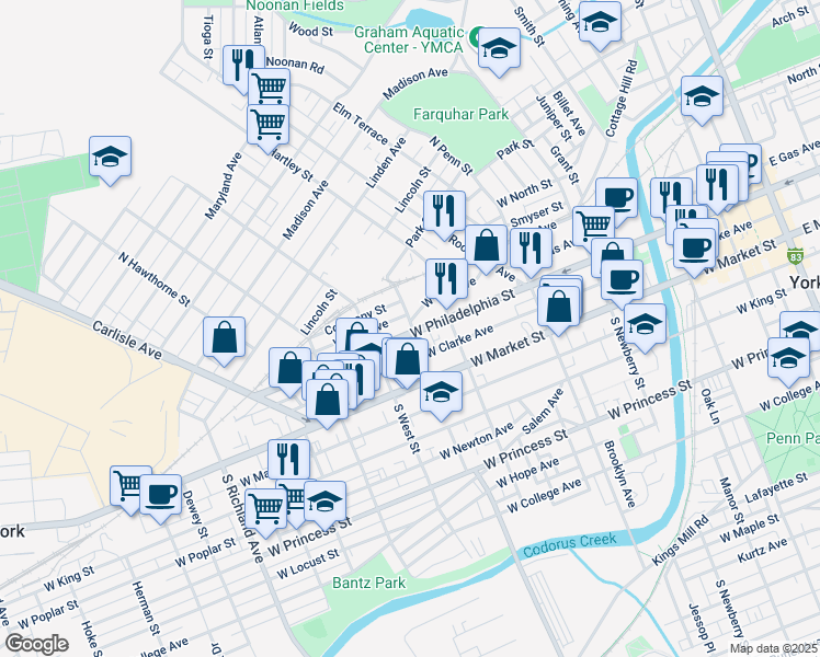map of restaurants, bars, coffee shops, grocery stores, and more near 126 Manchester Street in York