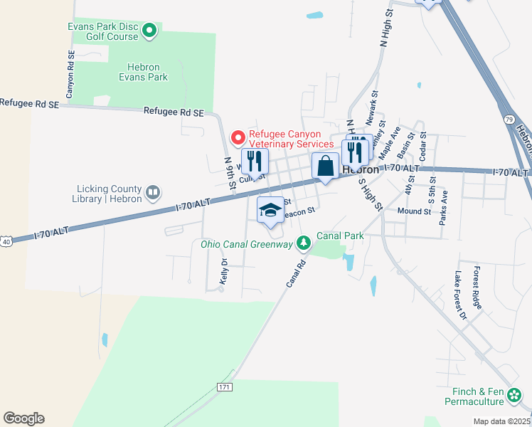 map of restaurants, bars, coffee shops, grocery stores, and more near 106 North 8th Street in Hebron