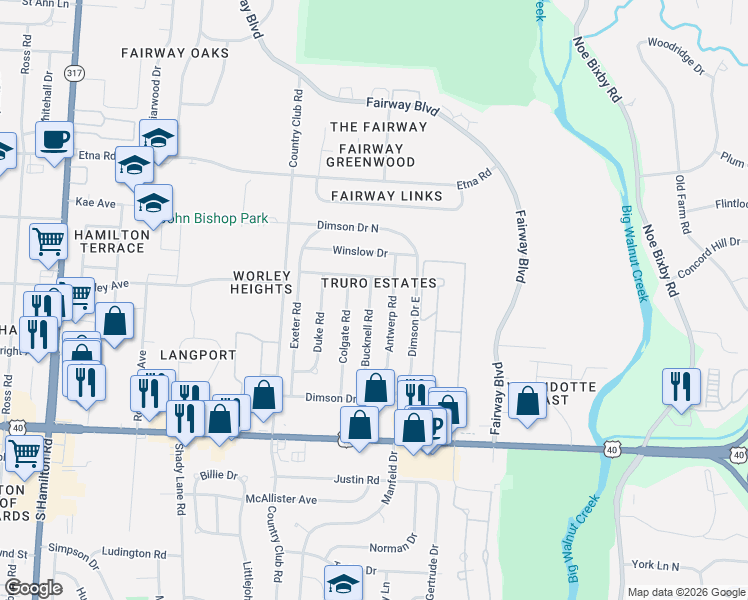 map of restaurants, bars, coffee shops, grocery stores, and more near 874 Bucknell Road in Columbus