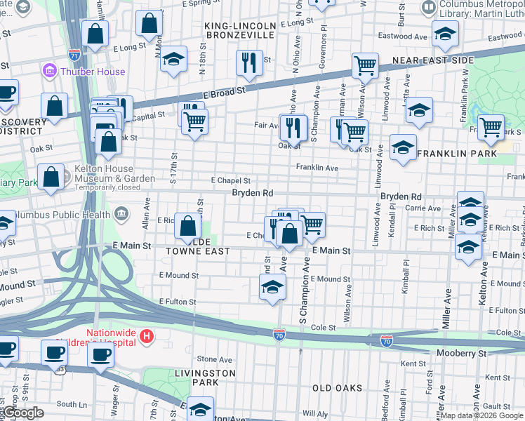 map of restaurants, bars, coffee shops, grocery stores, and more near 254 South 21st Street in Columbus