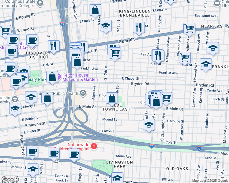 map of restaurants, bars, coffee shops, grocery stores, and more near in Columbus