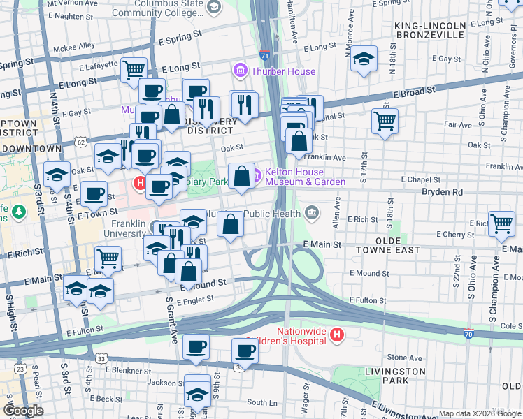 map of restaurants, bars, coffee shops, grocery stores, and more near 571 East Walnut Street in Columbus