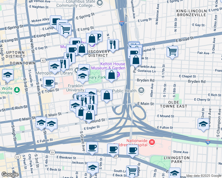 map of restaurants, bars, coffee shops, grocery stores, and more near 571 East Walnut Street in Columbus