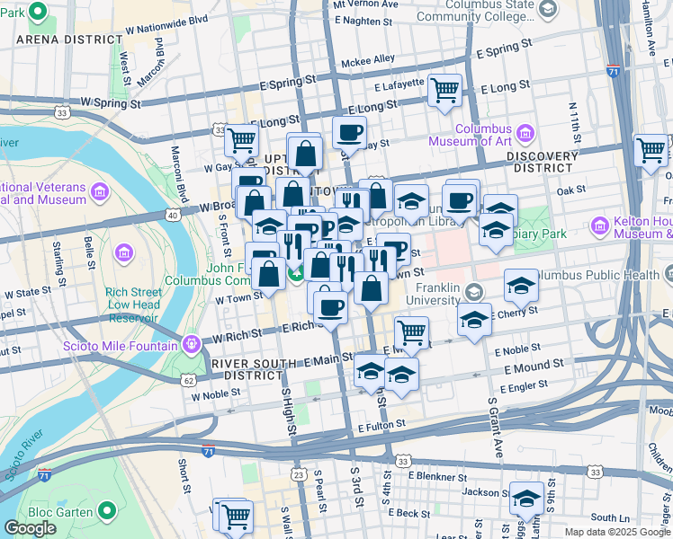 map of restaurants, bars, coffee shops, grocery stores, and more near 104 South Lazelle Street in Columbus