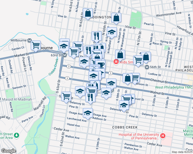 map of restaurants, bars, coffee shops, grocery stores, and more near Sansom St & S 60th St in Philadelphia