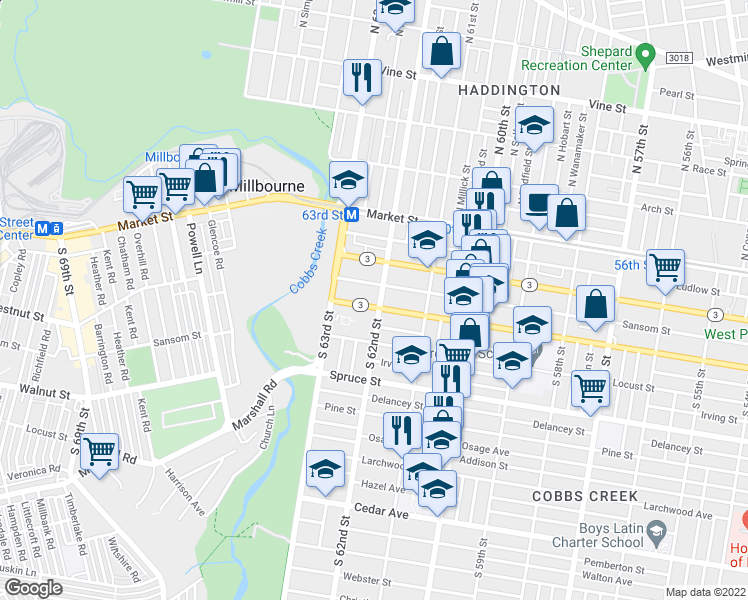map of restaurants, bars, coffee shops, grocery stores, and more near 148 South 62nd Street in Philadelphia