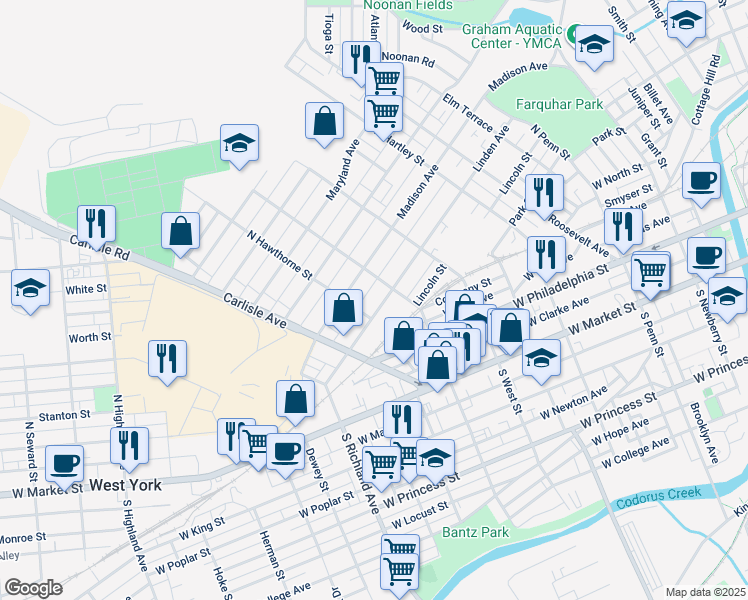 map of restaurants, bars, coffee shops, grocery stores, and more near 727 Linden Avenue in York