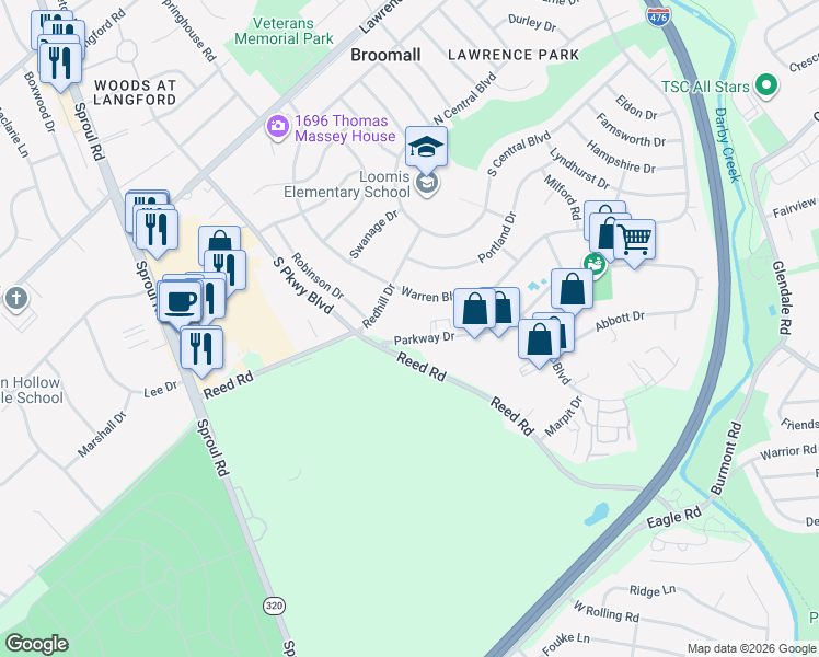 map of restaurants, bars, coffee shops, grocery stores, and more near 450 Parkway Drive in Broomall