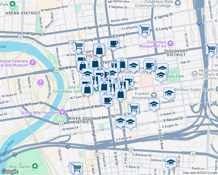 map of restaurants, bars, coffee shops, grocery stores, and more near 132 South 3rd Street in Columbus
