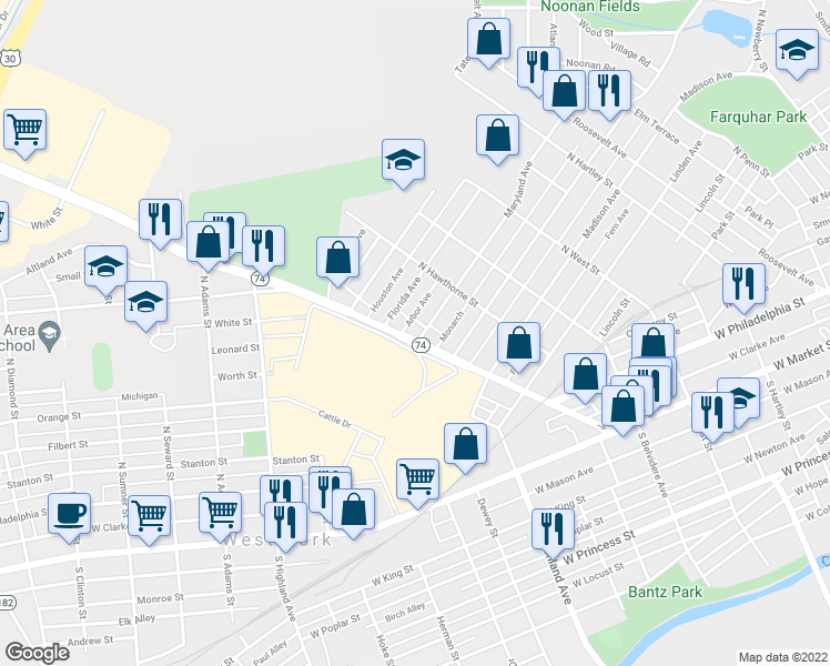 map of restaurants, bars, coffee shops, grocery stores, and more near 501 Carlisle Avenue in York